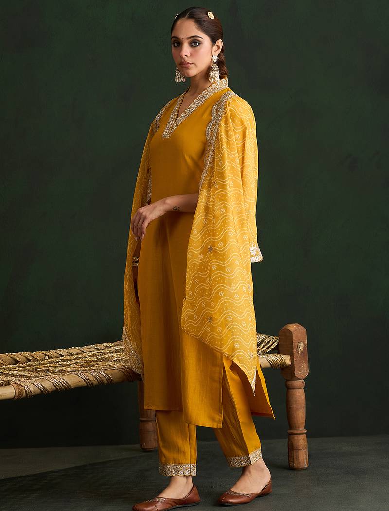 Mustard embroidered silk blend kurta trouser dupatta set
