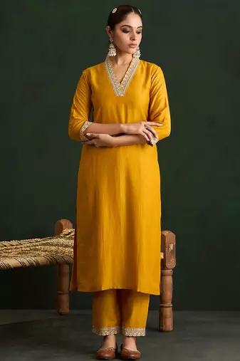 Mustard embroidered silk blend kurta trouser dupatta set