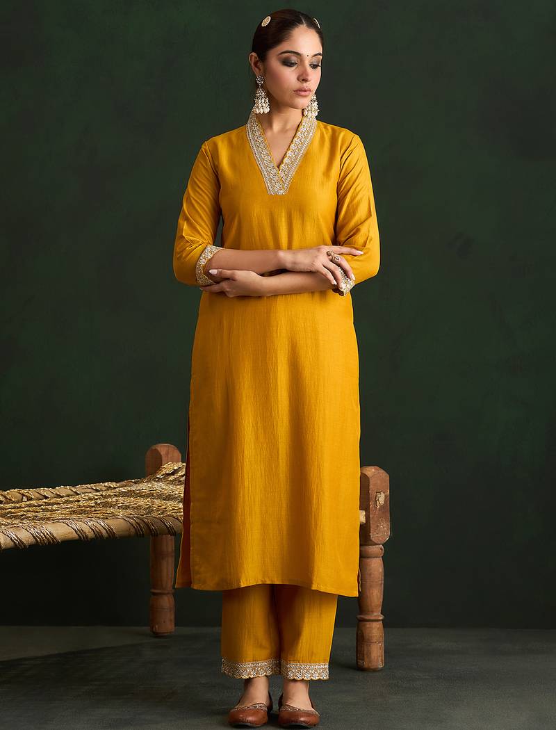 Mustard embroidered silk blend kurta trouser dupatta set