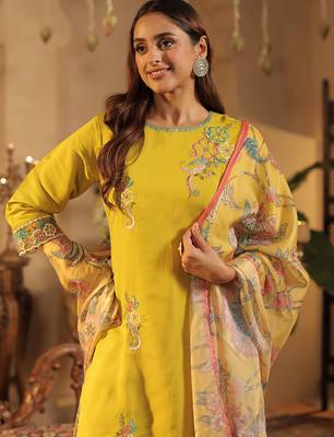 Yellow embroidered silk blend kurta trouser dupatta set 1