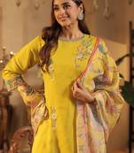 Yellow embroidered silk blend kurta trouser dupatta set