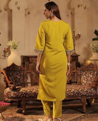 Yellow embroidered silk blend kurta trouser dupatta set 2