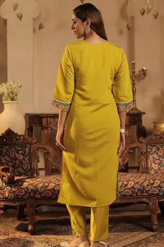Yellow embroidered silk blend kurta trouser dupatta set