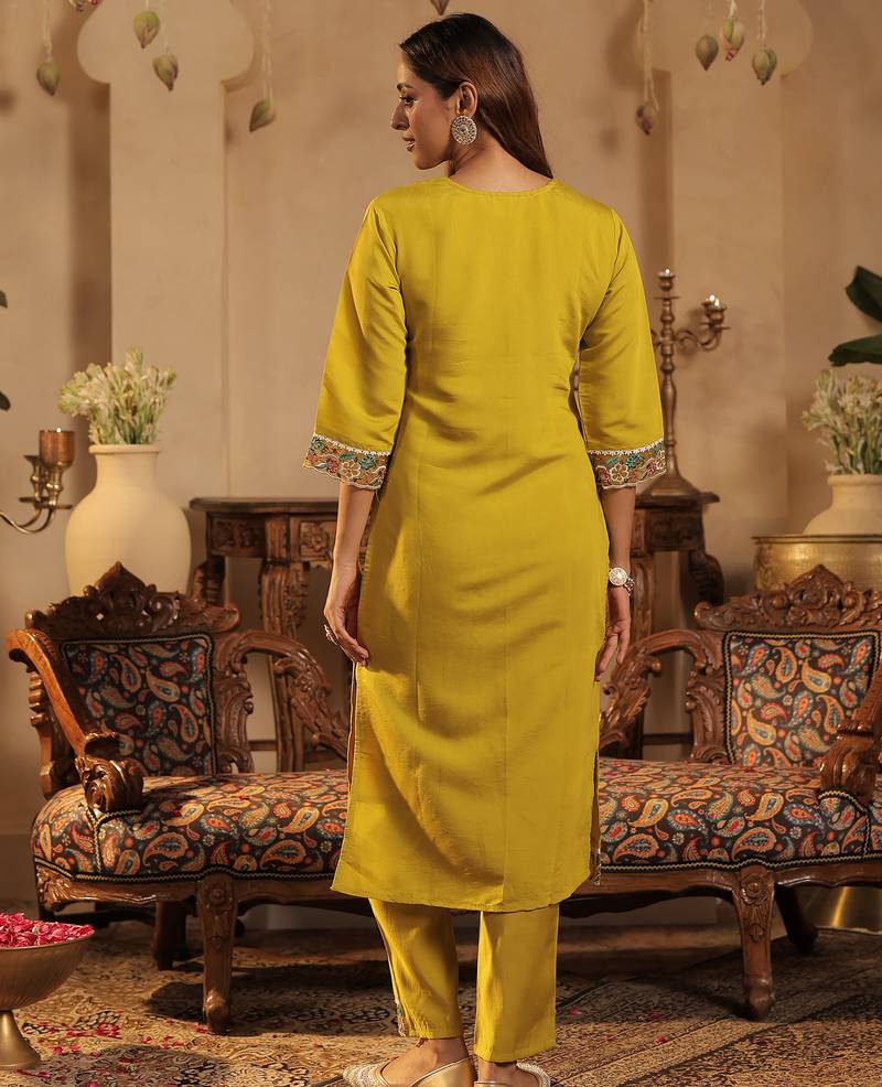 Yellow embroidered silk blend kurta trouser dupatta set