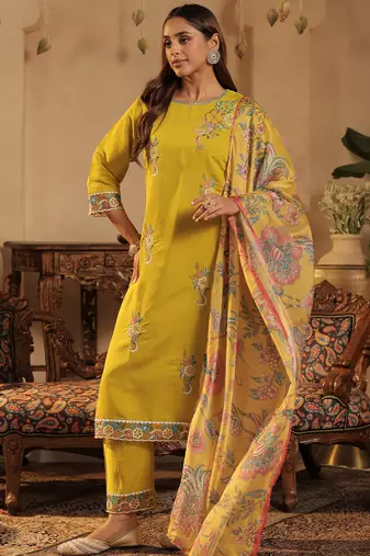 Yellow embroidered silk blend kurta trouser dupatta set
