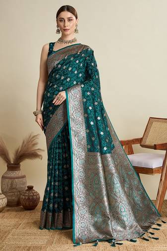 Green zari woven design saree with unstitched blouse