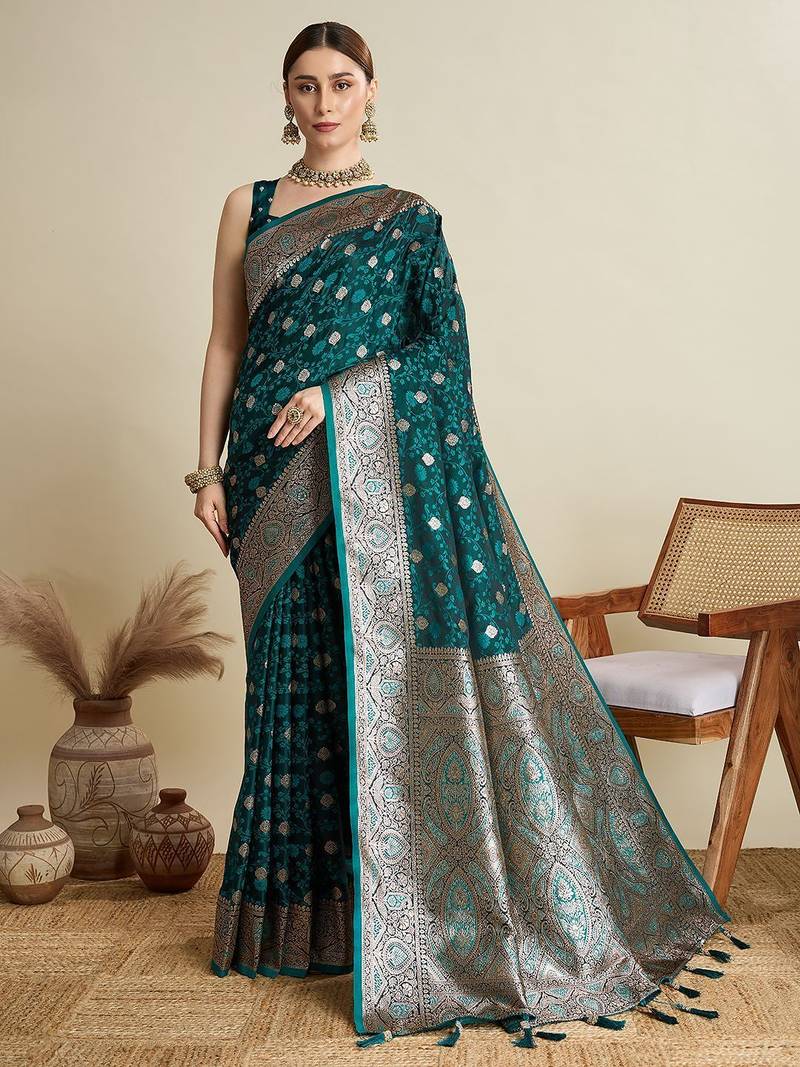 Green zari woven design saree with unstitched blouse