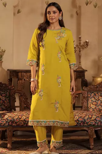 Yellow embroidered silk blend kurta trouser dupatta set