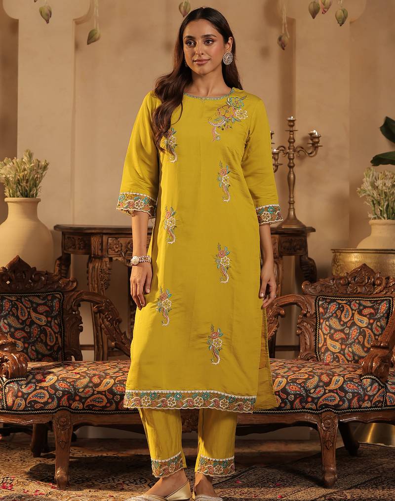 Yellow embroidered silk blend kurta trouser dupatta set