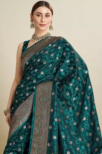 Green zari woven design saree with unstitched blouse