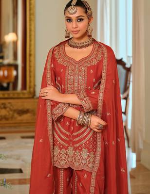 Orange embroidered chinon kurta trouser dupatta set 1