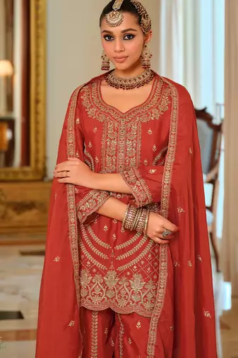 Orange embroidered chinon kurta trouser dupatta set