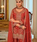 Orange embroidered chinon kurta trouser dupatta set