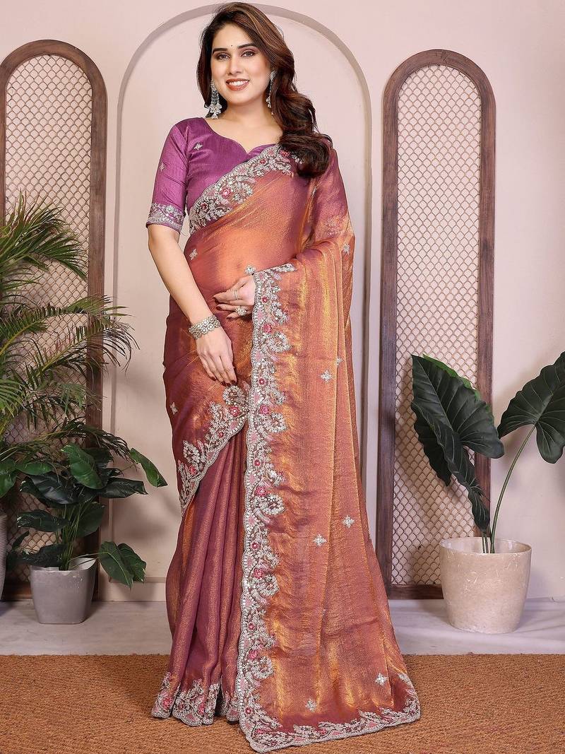 Rose rose gold frendy chiffon embroidery saree