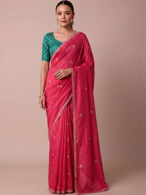Pink embellished embroidered silk blend saree 1