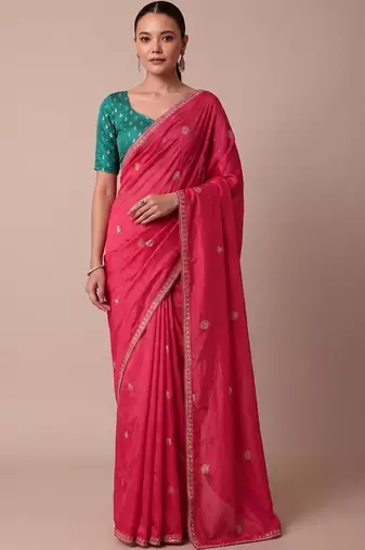 Pink embellished embroidered silk blend saree