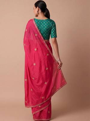 Pink embellished embroidered silk blend saree 2