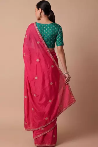 Pink embellished embroidered silk blend saree