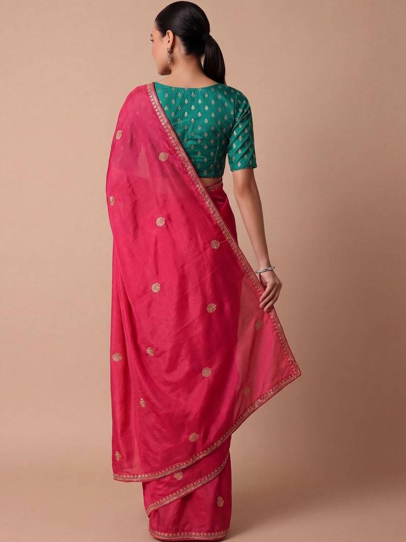 Pink embellished embroidered silk blend saree