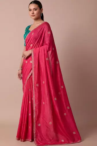 Pink embellished embroidered silk blend saree