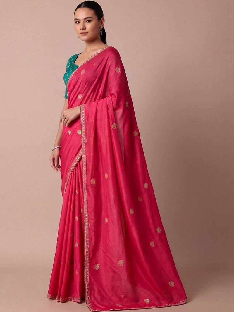 Pink embellished embroidered silk blend saree