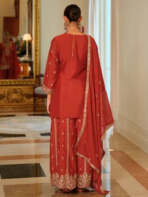 Orange embroidered chinon kurta trouser dupatta set 2