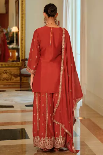 Orange embroidered chinon kurta trouser dupatta set