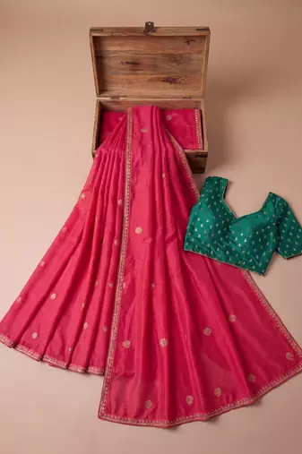 Pink embellished embroidered silk blend saree