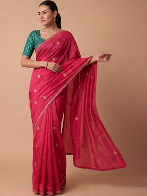 Pink embellished embroidered silk blend saree 5