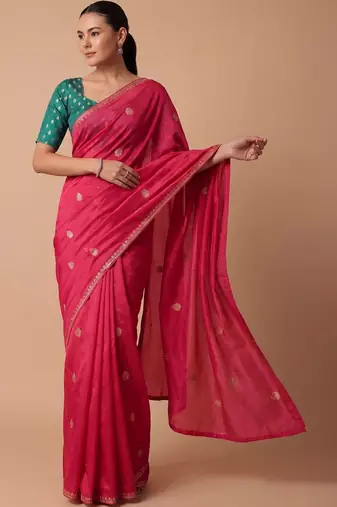 Pink embellished embroidered silk blend saree