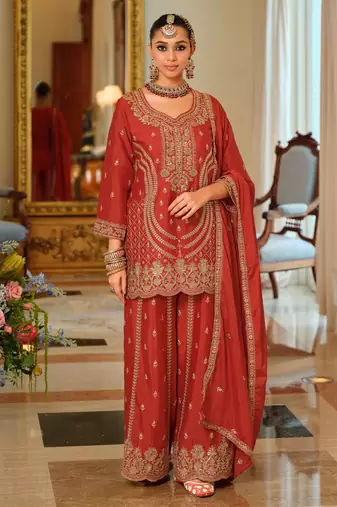 Orange embroidered chinon kurta trouser dupatta set