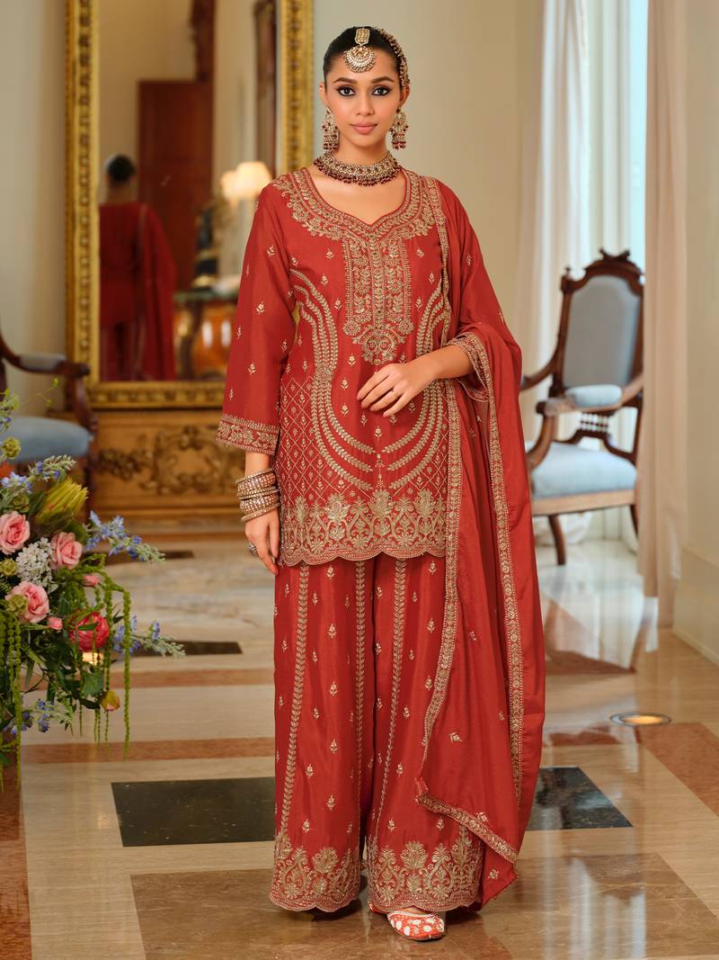 Orange embroidered chinon kurta trouser dupatta set