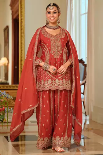 Orange embroidered chinon kurta trouser dupatta set