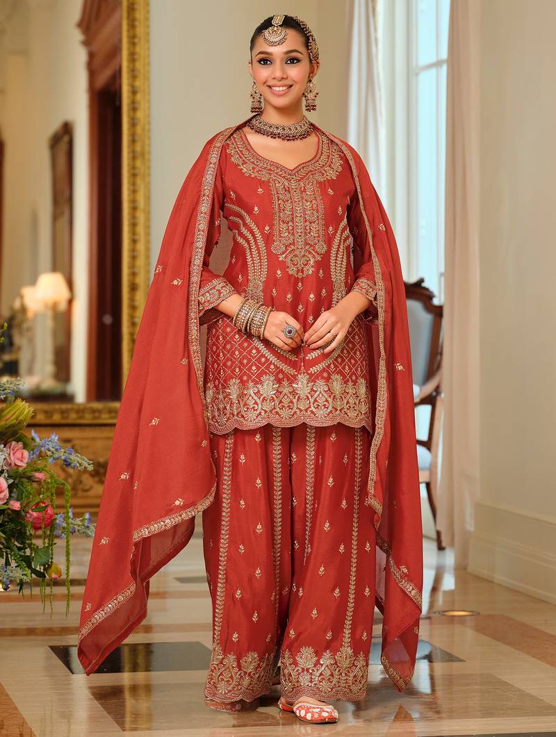 Orange embroidered chinon kurta trouser dupatta set