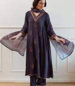Blue embroidered viscose rayon kurta trouser dupatta set