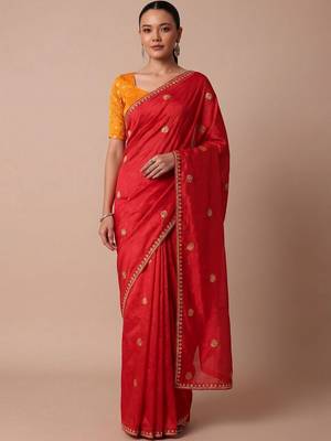 Red embellished zari silk blend saree 1