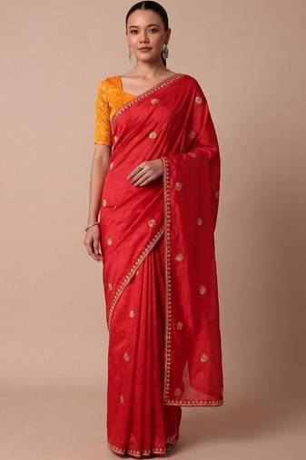 Red embellished zari silk blend saree