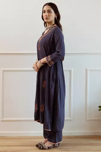 Blue embroidered viscose rayon kurta trouser dupatta set