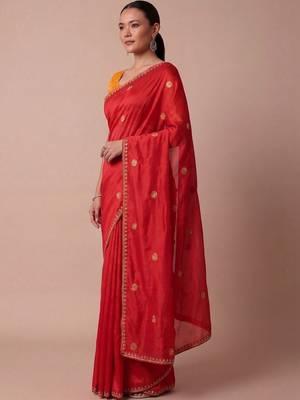 Red embellished zari silk blend saree 3