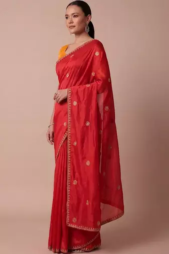 Red embellished zari silk blend saree