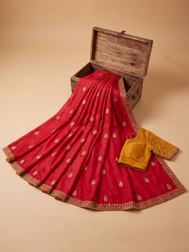 Red embellished zari silk blend saree