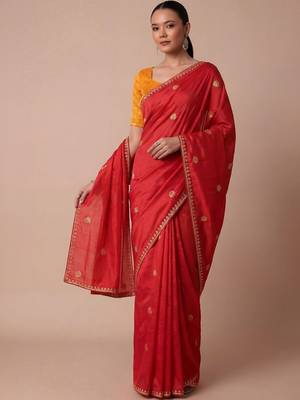 Red embellished zari silk blend saree 5