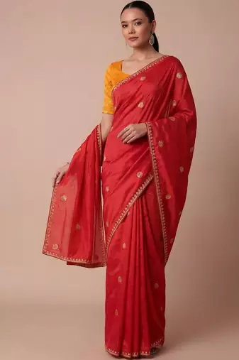 Red embellished zari silk blend saree