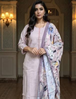 Lavender embroidered cotton blend kurta trouser dupatta set 1