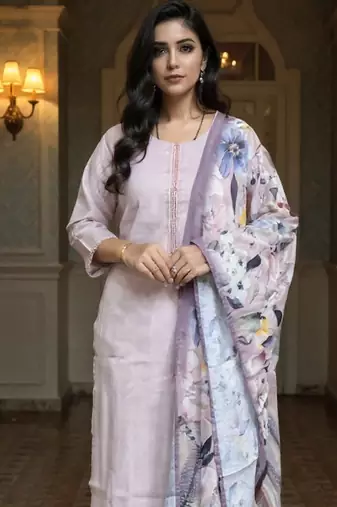 Lavender embroidered cotton blend kurta trouser dupatta set