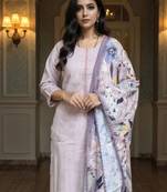 Lavender embroidered cotton blend kurta trouser dupatta set
