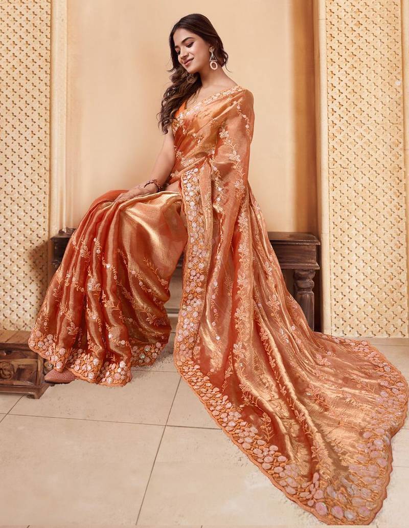 Orange embroidered embellished sarees