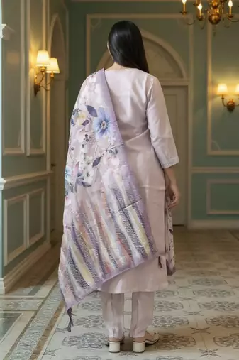 Lavender embroidered cotton blend kurta trouser dupatta set