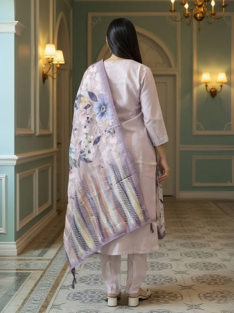 Lavender embroidered cotton blend kurta trouser dupatta set