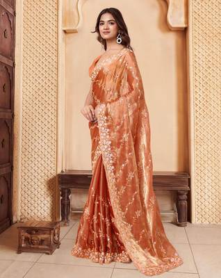 Orange embroidered embellished sarees 3
